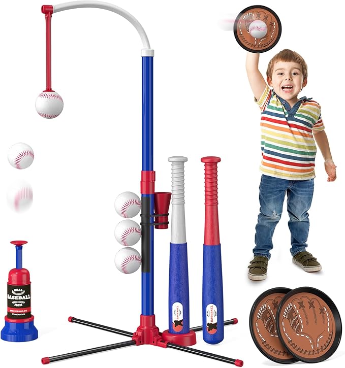 4 in 1 T Ball Sets for Kids 3-5 with Toss and Catch Ball Set, Hanging Tee Stand with Auto Pitching Machine/ 2 Bats, Indoor Outdoor Toys Birthday Baseball Gifts for Toddler Boys Girls, Blue