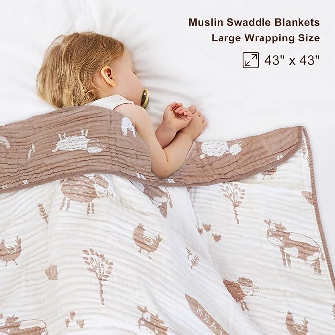 BOPRIO Ultra Soft Muslin Baby Blanket 6 Layers Neutral Swaddles Bed Blankets with Lovey Animal Design for Newborn Babies Kids Toddlers 43 x 43 Inch (Brown Woodland)