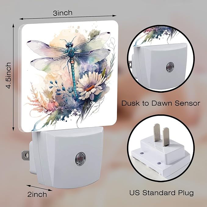 Watercolor Dragonfly Flowers Night Light, Vintage Insect Botanical Floral Leaves Dusk to Dawn Night Light Plug in,0.5w Energy Saving Sleep Friendly NightLight for Kids Boys Girls Home Decor