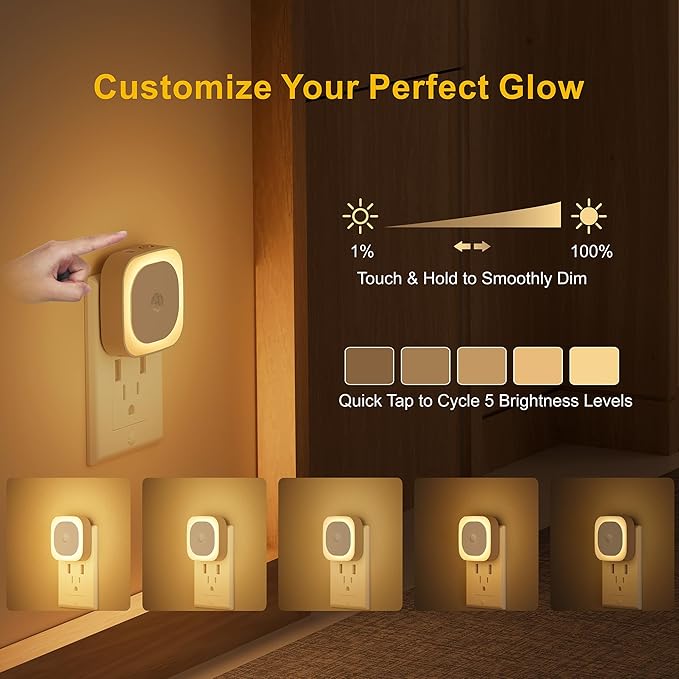 2 Pack Plug in Night Light with Motion Sensor & Dusk to Dawn Sensor, 3 Sensor Modes, Dimmable Night Lights Plug into Wall, Warm White Nightlight for Kids, Bathroom, Bedroom, Kitchen, Indoor