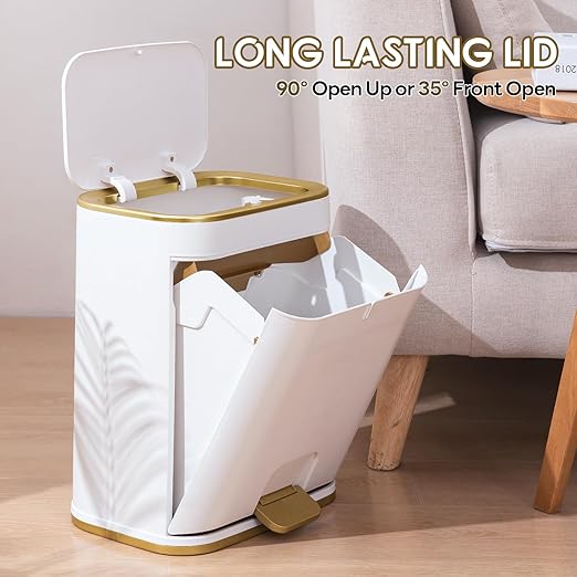 Bathroom Trash Can with Lid, 3 Gallon Gold Garbage Can, Small Trash Bin with Press top Lid and Pedal, Narrow White TrashCan Waste Basket for Bedroom, Living Room,Office,Plastic Dog Proof Trash Can