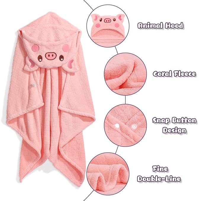 Baby Hooded Towel Toddlers, 50 x 32 Inch Large Toddler Towel Hooded Set,2-Pack Thick Animal Bath Towels,Ultra Absorbent for Kids Cozy and Warm-Bath Essential Green Giraffe and Pink Pig