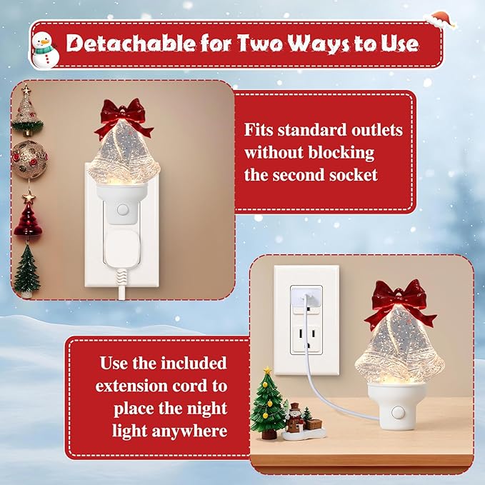 Christmas Bell Night Light Plug into Wall Glitter Water Nightlight with USB/Outlet Options, Christmas Decorative Nightlight for Bedroom Kitchen Nursery Hallway Holiday Decorations Gifts (Bell)