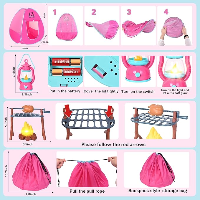 Kids Camping Set with Play Tent,Campfire,Lantern,Indoor Outdoor Camping Set with Pop up Play Tent,Camping Toys Play Set for Kids 3 4 5 Year Old,Toddler Toys