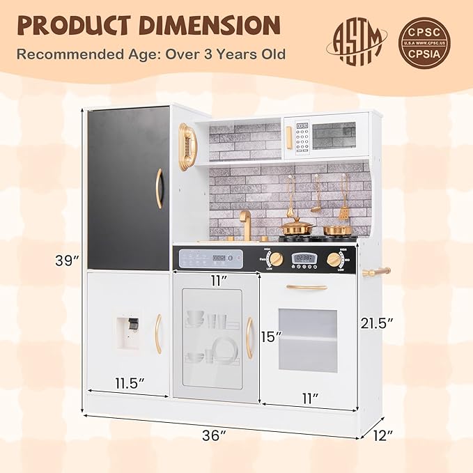 HONEY JOY Upgrade 39 in Kids Kitchen Playset, Large Wooden Little Chef Pretend Toy Kitchen Set w/Chalkboard, Telephone, Utensils, Oven, Microwave, Sink, Storage, Play Kitchen for Toddlers (Golden)