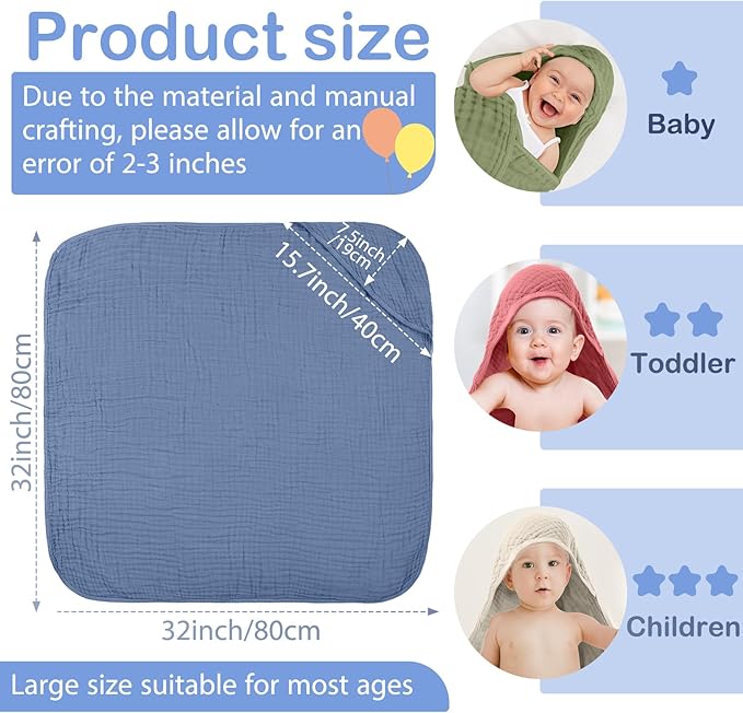 Peryiter 6 Pcs Muslin Hooded Baby Towels, 32"x 32" Cotton Newborn Bath Towel Muslin Infant Baby Blankets Absorbent Unisex Newborn Registry Gift Essentials for Girls Boys (Dark Color Series)