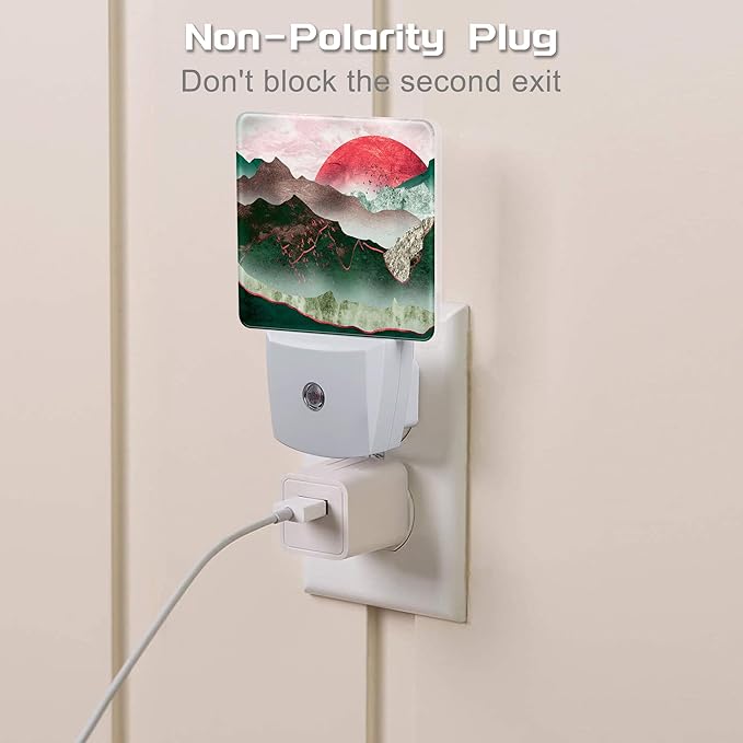 Green Mountain with Red Moon Night Light for Kids,Abstract Natural Landscape Painting Night Light Plug in with Dusk to Dawn Sensor,0.5w Energy Saving Nightlight for Hallway Stairway Kitchen Bedroom