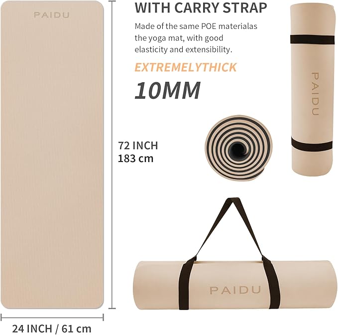 Yoga Mat Non Slip Anti-tear,extra thick-2/5 inch（10MM）High Resiliency Professional POE Yoga Mats for Women Men Kids,72"x24"inch,Workout, Yoga, Pilates and Floor Exercise, with Carrier Strap