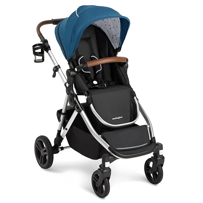 Mockingbird Single-to-Double Stroller 2.0 - Convertible Full-Size Baby Stroller for 1, 2 or 3 Kids - Includes Cup Holder - Sea