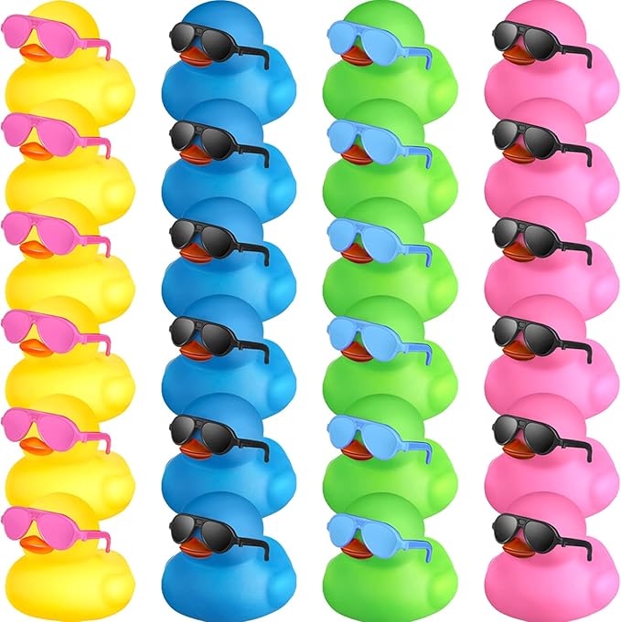 24 Pcs Mini Rubber Ducks with Sunglasses, Rubber Ducks in Bulk Valentine Bathtub Toys for Cruise Valentines Kids Classroom Gift Exchange(Eyeglasses,Yellow, Blue, Pink, Black, Green)