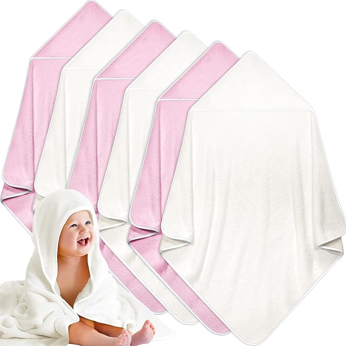 Chumia 6 Pack Baby Bath Towel Coral Fleece Soft Absorbent Newborn Hooded Towel for Kid 30 x 30 Inch Toddler Bath Blanket for Babies Infant Shower Gift(Pink, White)