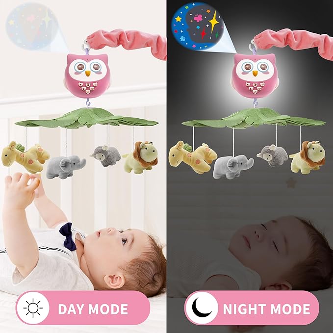 YUNGCHI Baby Crib Mobile with Music and Lights for Boys Musical Mobile Safari Animals for Girl Crib Bassinet Toys Hanging Portable Baby Mobile for Pack and Play Pink