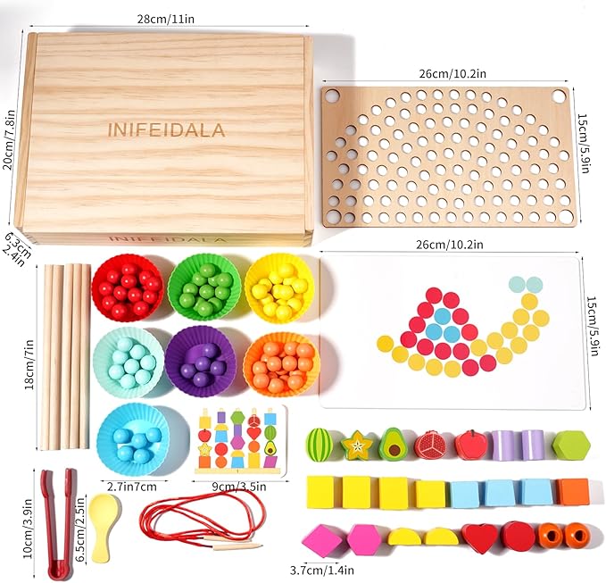 Toddler Learning Montessori Toys for 3 4 5 6 Year Old,Rainbow Stacking & Lacing Beads & Matching Shape Stacker - Wooden Peg Board Beads Sequencing Toy Set - Fine Motor Skills Toys