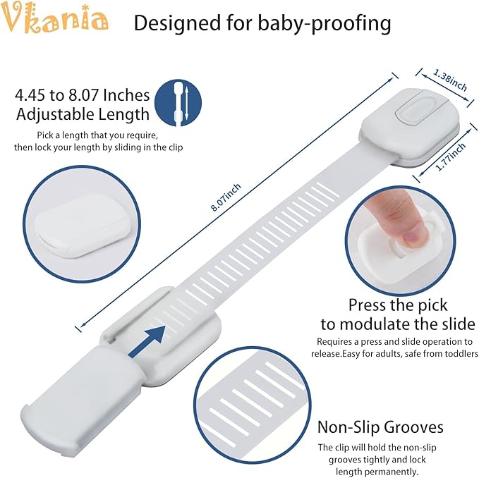 12 Pack Vkania Baby Proofing Cabinet Strap Locks - Child Safety Drawer Cupboard Oven Refrigerator Adhesive Locks - Adjustable Toilets Seat Fridge Latches - Kids Proof Kit - No Drilling