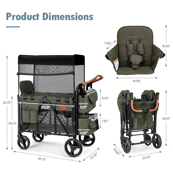 Wagon Stroller for 2 Kids, High Seat & 5 Point Harness, Foldable All-Terrain Wagon for Toddler with Canopy, Parent Organizer, Shoulder Bag, Adjustable Handlebar, Ultimate Double (Green)