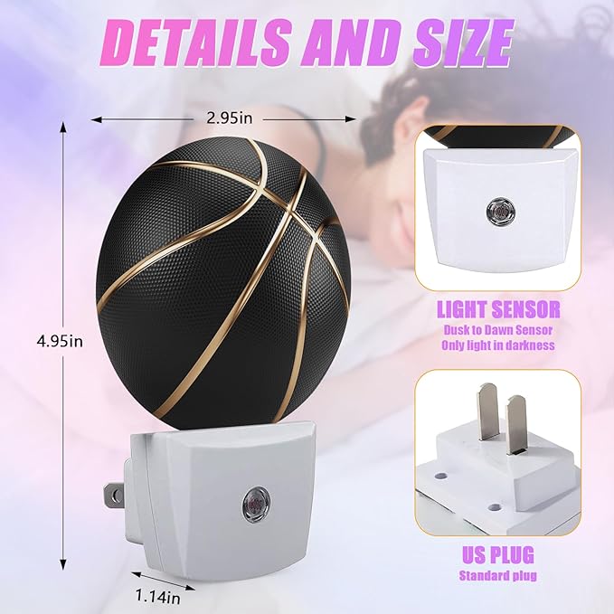 Basketball Night Light Sport Ball Night Lights LED Lamp Round Plug into Wall Nightlight with Dusk to Dawn Sensor Home Hallway Stairway Kitchen Decor