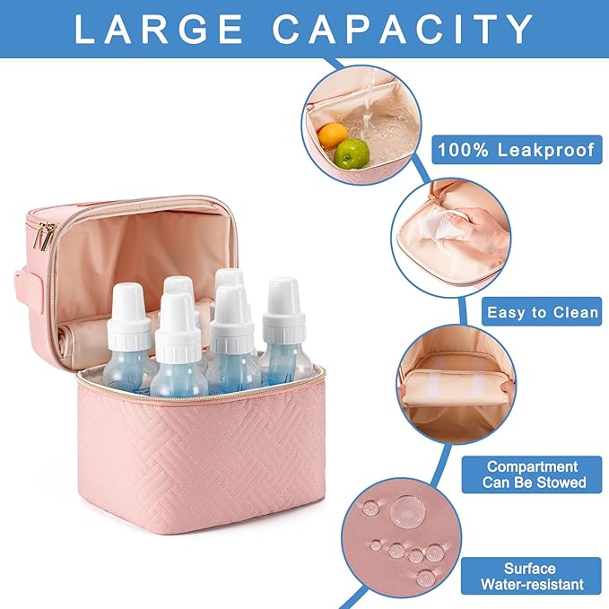 Breastmilk Cooler Bag with Ice Pack & Mat Fit 6 Bottles Up to 9 Ounce, Breast Milk Pump Cooler Bag for Moms Daycare,Work&Travel, Pink