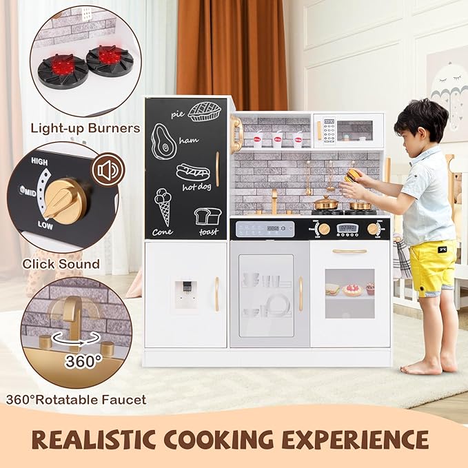 HONEY JOY Upgrade 39 in Kids Kitchen Playset, Large Wooden Little Chef Pretend Toy Kitchen Set w/Chalkboard, Telephone, Utensils, Oven, Microwave, Sink, Storage, Play Kitchen for Toddlers (Golden)