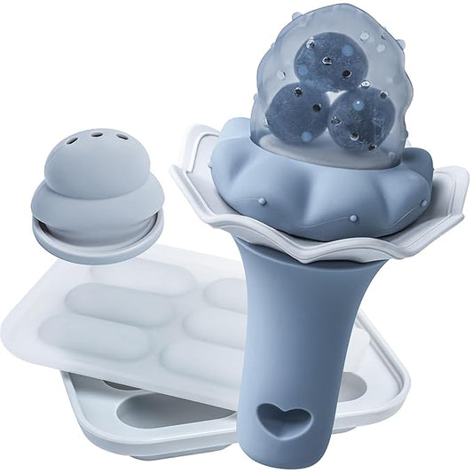 Moonkie Baby Fruit Feeder with Freezer Tray, BPA Free Silicone Food Feeder for Infant Self Feeding, Breastmilk Popsicle Molds, Mesh Feeder with Two Pouches, Baby Shower Gifts 4 Months+, 1 Pack