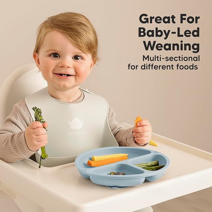 KeaBabies Suction Plates with Lids for Baby - 3-Pack 100% Silicone Toddler Plates with Suction, Divided, BPA-Free Baby Led Weaning Essentials for Kids, Dishwasher, Microwave Safe, Durable (Mellow)