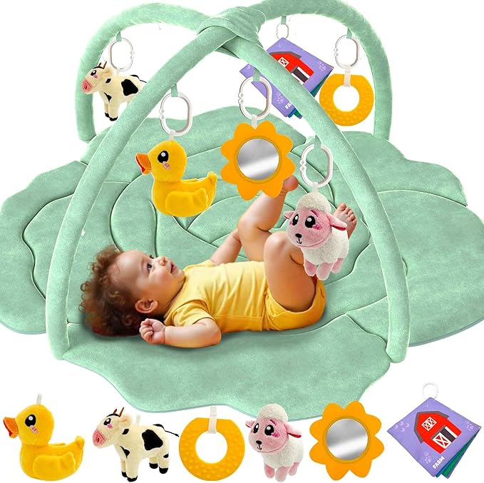 QUOKKA Baby Play Gym XL – Cabbage-Shaped Baby Play Mat with 6 Large Sensory Toys – Tummy Time Mat for Infant Development – Machine Washable Newborn Essentials Must Haves – Gender Neutral Gift Items