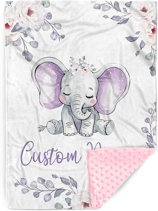 Custom Name Baby Blanket – Double-Layer Dotted Backing Flannel Swaddle – Elephant and Flower Theme for Newborns and Toddlers