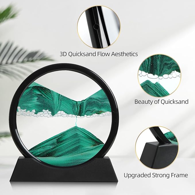 Moving Sand Art Liquid Motion, 3D Deep Sea Sandscape Color Quicksand Decor, Round Glass Moving Sand Art Picture Relaxing Desktop Home Office Work Decor (Green, 7 inch)