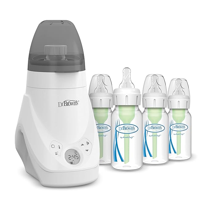 Dr. Brown’s Deluxe Baby Bottle Warmer and Sterilizer, for Baby Bottles and Baby Food Jars with Anti-Colic Options+ Narrow Baby Bottles 4 oz/120 mL, with Level 1 Slow Flow Nipple, 4 Pack, 0m+