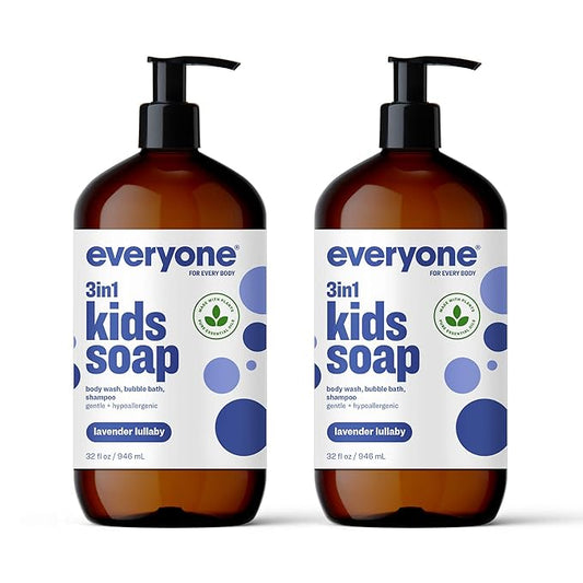 Everyone 3-in-1 Kids Soap, Body Wash, Bubble Bath, Shampoo, 32 Ounce (Pack of 2), Lavender Lullaby, made with Essential Oils for Toddlers, tweens and teens