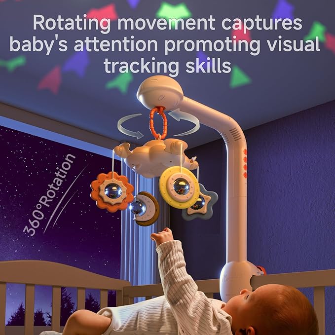 Tumama Baby Crib Mobile with Projection Night Light, Music and White Noise, Soft Plush Mirror Hanging Toys, Mute Spin Motor Nursery Toys for Infant 0-3, 6-9 Month Newborn Xmas Gift (Clouds)