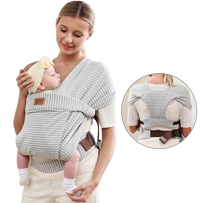 Baby Wraps Carrier Newborn to Toddler, Kangaroo Baby Easy Wearing Wrap, Adjustable Soft Baby Holder Front Chest Sling Carriers Perfect Infant Essentials Gifts (Striped Grey, Cotton)