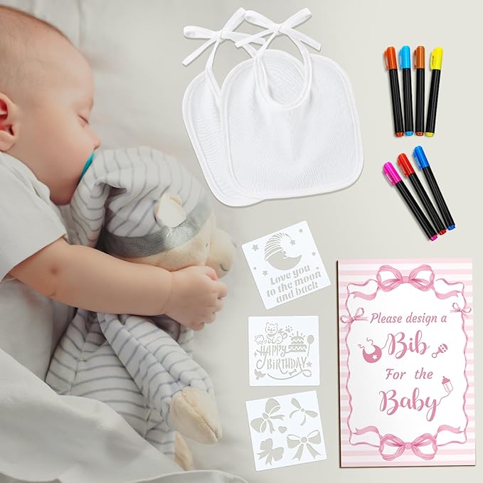 Newwiee 55 Pcs White Bibs for Baby Decorating Design a Bib Decorate Plain newborns Bibs Wooden Sign for Baby Shower Games Kit