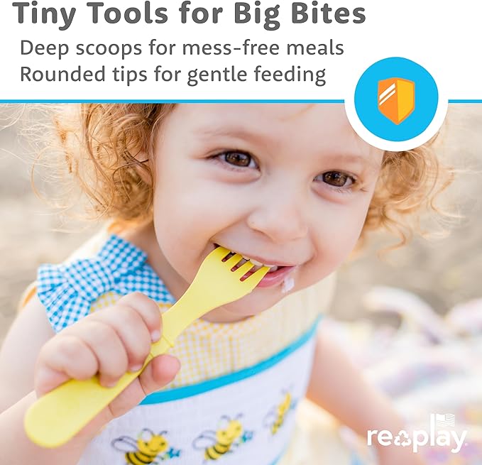 RE-PLAY Made in USA 8pk Toddler Feeding Utensils Spoon and Fork Set | Eco Friendly Recycled Milk Jugs - Virtually Indestructible | Red, Yellow, Lime Green, Sky Blue (Preschool)