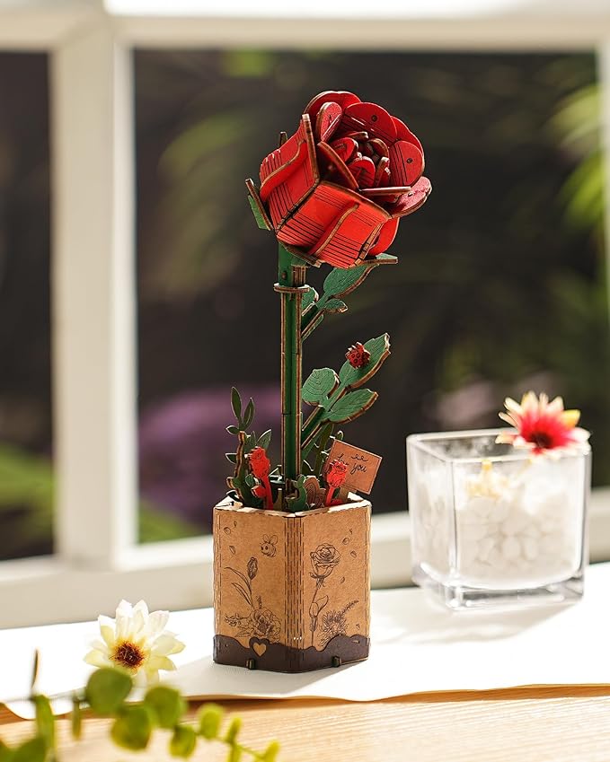3D Flower Wooden Puzzles for Adults-Red Rose, DIY Wooden Flowers Model Kit Building Set Crafts for Adults to Build, Botanical Collection/Ideal Creative Gift Ideas/Housewarming (106PCS)