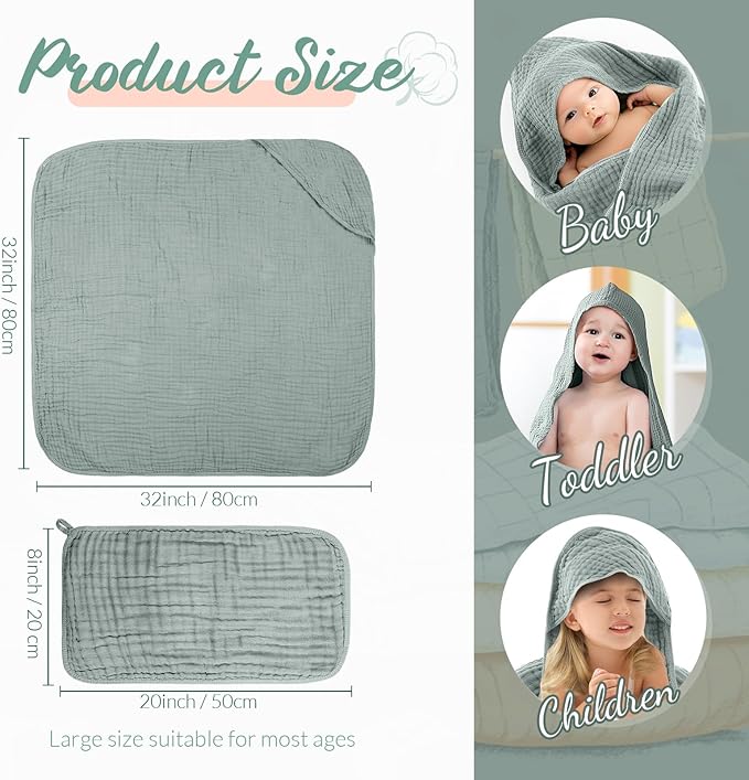 VitalCozy 8 Pcs Baby Muslin Hooded Bath Towels and Washcloths, 32 x 32 Inch Muslin Cotton Absorbent Hooded Blankets for Gift Newborn Infant Shower (Grey, Blue)