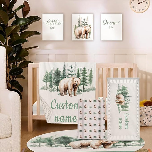 Personalized Baby Crib Bedding Set, 5-Piece Brown Bear Design Baby Crib Sets with Custom Name, Toddler Double Layer Blanket Fitted Sheets Changing Pad Cover Rug Wall Art Set, Charming Nursery Decor