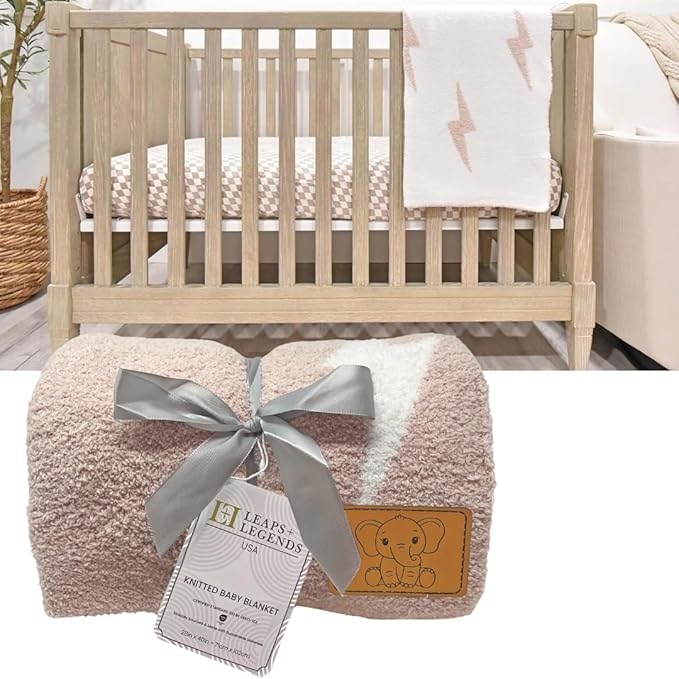 Lightning Bolt Baby Blanket 28"x40" - DreamSoft Knit Throw for Crib, Stroller or Car Seat - Soft Receiving Blanket/Newborn Nursery Gift Essential for Toddler, Infant, Kids, Boys & Girls (Tan/White)