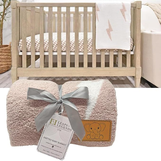 Lightning Bolt Baby Blanket 28"x40" - DreamSoft Knit Throw for Crib, Stroller or Car Seat - Soft Receiving Blanket/Newborn Nursery Gift Essential for Toddler, Infant, Kids, Boys & Girls (Tan/White)