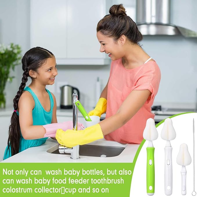 22 Pcs Sponge Bottle Nipple Brushes Set Including 12 Pcs Bottle Sponge Brush Heads 6 Interchangeable Nipple Brush Handles and 4 Long Straw Brushes for Baby Bottles (White and Green Handle)
