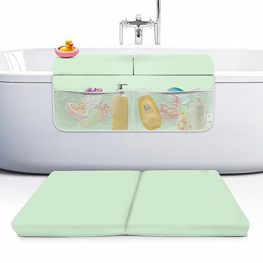 Baby Bath Kneeler and Elbow Rest Pad Set, 2-Inch Thick, Memory Foam, Water-Resistant Mat – Bath Time Essentials Cushion and Bath Kneeling Pad for Bathing Baby with Bathtub Toy Organizer (Mint Green)
