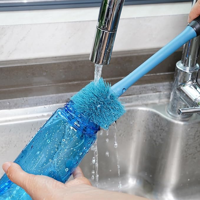 2-in-1 Water Bottle Brush and Straw Cleaner Brush, Long Handle Scrub Brush with Replaceable Head for Water Bottles, Glasswares, Mugs, Flasks, Tumblers, Vases, and Kitchen Sink, Smokey Blue