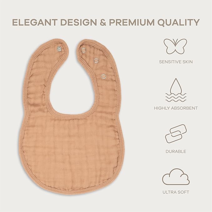 Comfy Cubs Muslin Bibs for Babies, Pack of 8 - Soft and Highly Absorbent, Feeding, Drool and Teething Bib, Adjustable Snaps - Stylish & Colorful Unisex Designs, Giftable Set - Caramel