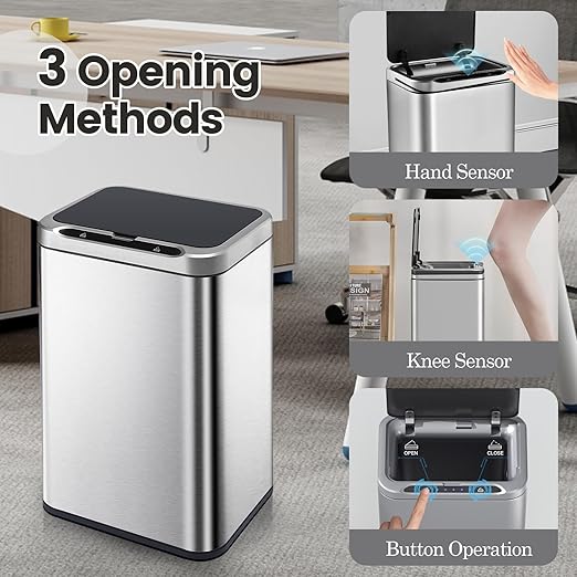 ELPHECO Stainless Steel Office Trash Can Motion Sensor Garbage Can Touchless Smart Trash Can Automatic Waste Bin for Kitchen, Office, Bathroom (Silver, 6.6 Gallons), 2AA