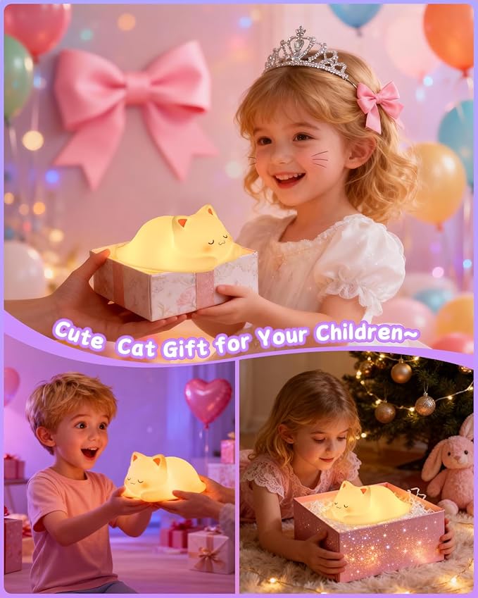 ZKLiLi Night Light for Kids Cute Cat Lamp,16 Colors+Tap+Remote+Silicone Kids Night Light,USB Remote Rechargeable Cat Night Lights for Room Decoration, Girls