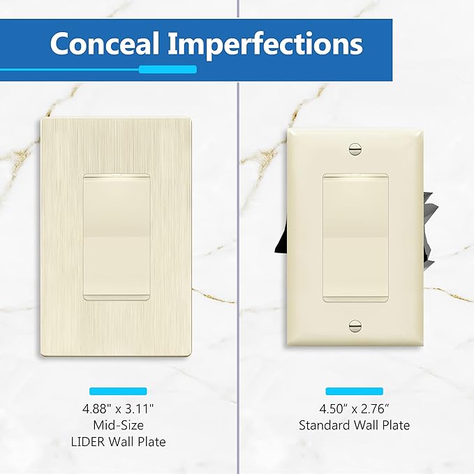 LIDER Brushed Finish Decorator Switch Cover, Screwless Wall Plate, Mid-Size 1-Gang 4.88" x 3.11", Unbreakable Polycarbonate Thermoplastic, UL Listed, LSWP-31M-BLA10P, Brushed Light Almond, 10 pack