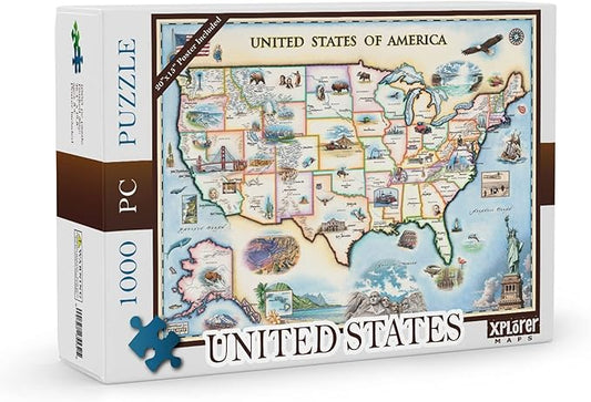 USA Map Cardboard Jigsaw Puzzle - 1000 Pieces, Hand-Illustrated - Educational, Family Activity, Ages 7+ - Includes Poster - 25.4 x 19.8