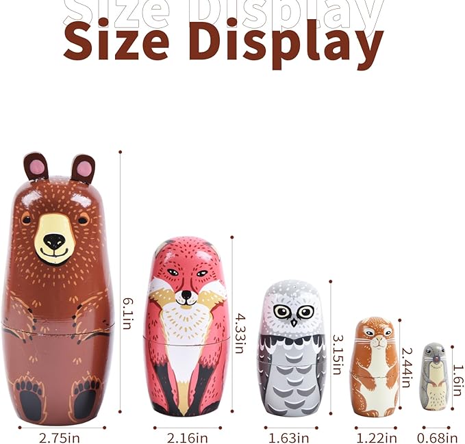 Russian Nesting Dolls, 5 Pcs 6 "Tall Animal Nesting Easter Eggs Toys, Stacking Wooden Handmade Matryoshka Dolls for Kids Toddlers Birthday or Home Decoration Gift (Bear)