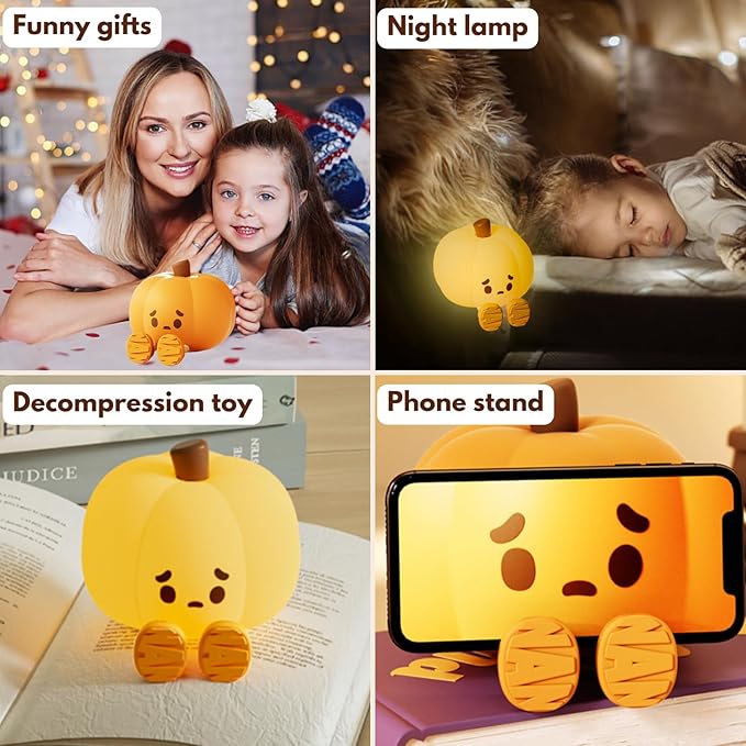 Pumpkin Night Light: Cute Pumpkin Decor Silicone Rechargeable Night Lamp with 3 Level Dimmable Bedside Lamp Halloween Night Light Nursery Nightlight Dorm Decor, Funny Gift Cool Gadgets for Kids