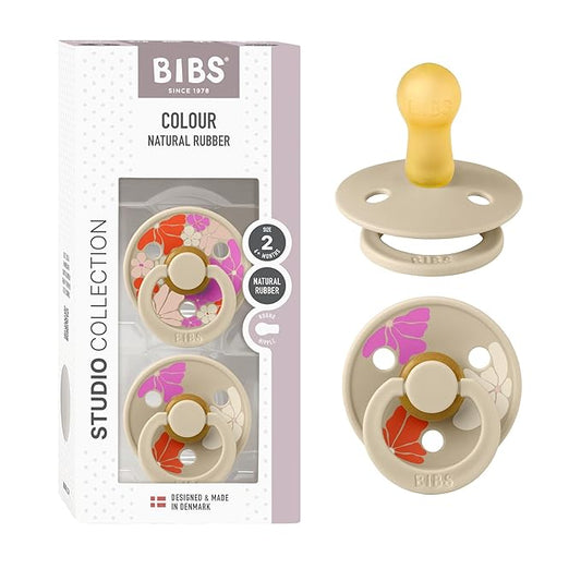 BIBS Pacifiers - Studio 2 Pack | Round Nipple Baby Pacifier | BPA Free Natural Rubber Latex Soother | Made in Denmark | Size 6+ Months | Morning Bloom Vanilla