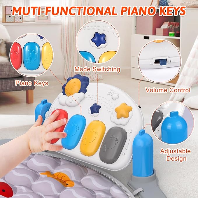 UMIKU Baby Play Mat Tummy Time Mat for Newborn Infant Piano Music & Light Musical Activity Center Baby Boy Girl Gifts for Baby Toys 3 6 9 12 Months, Crab Theme